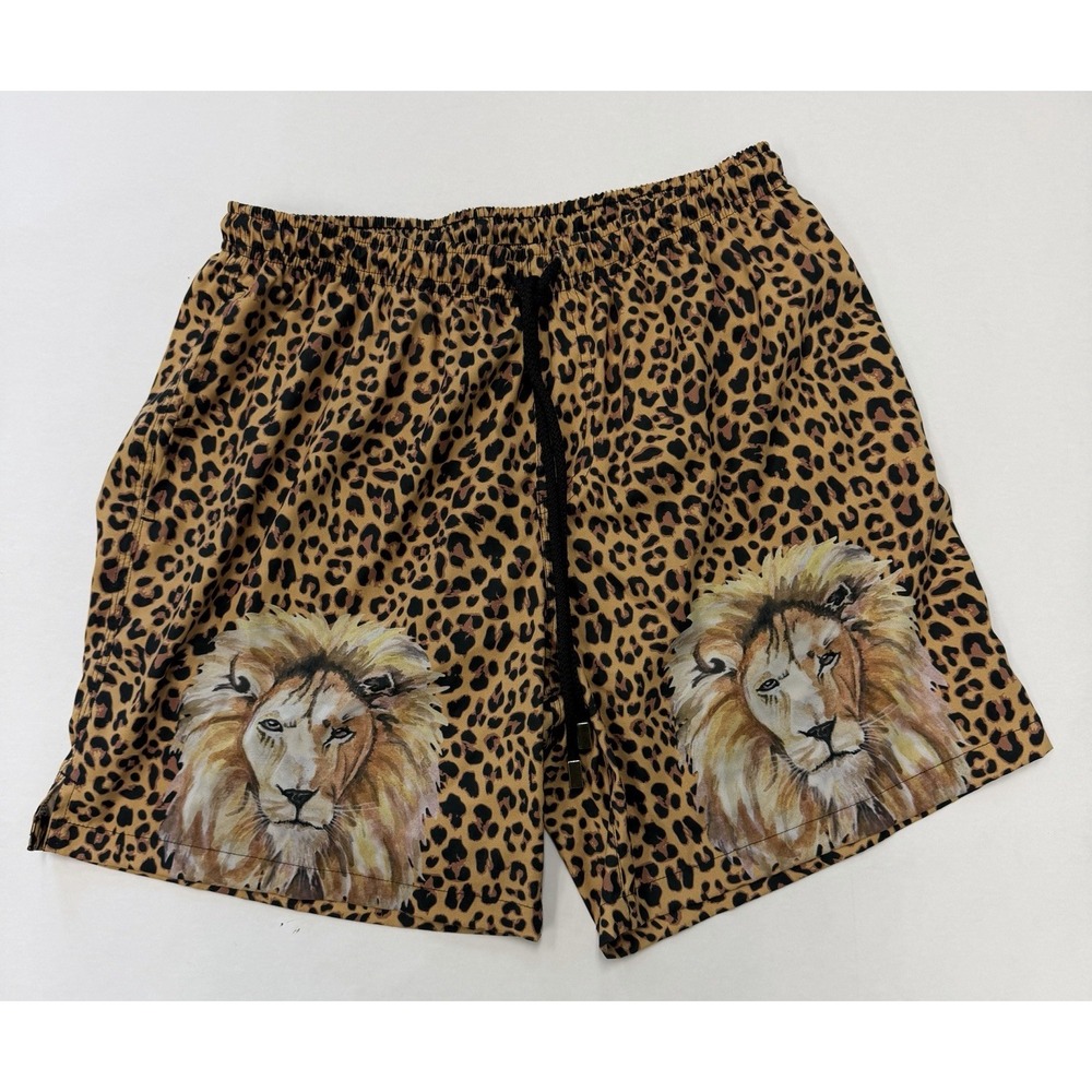 Kenny Flowers Mens Leopard Lion Print Swim Trunks Brown Tan Size Large L